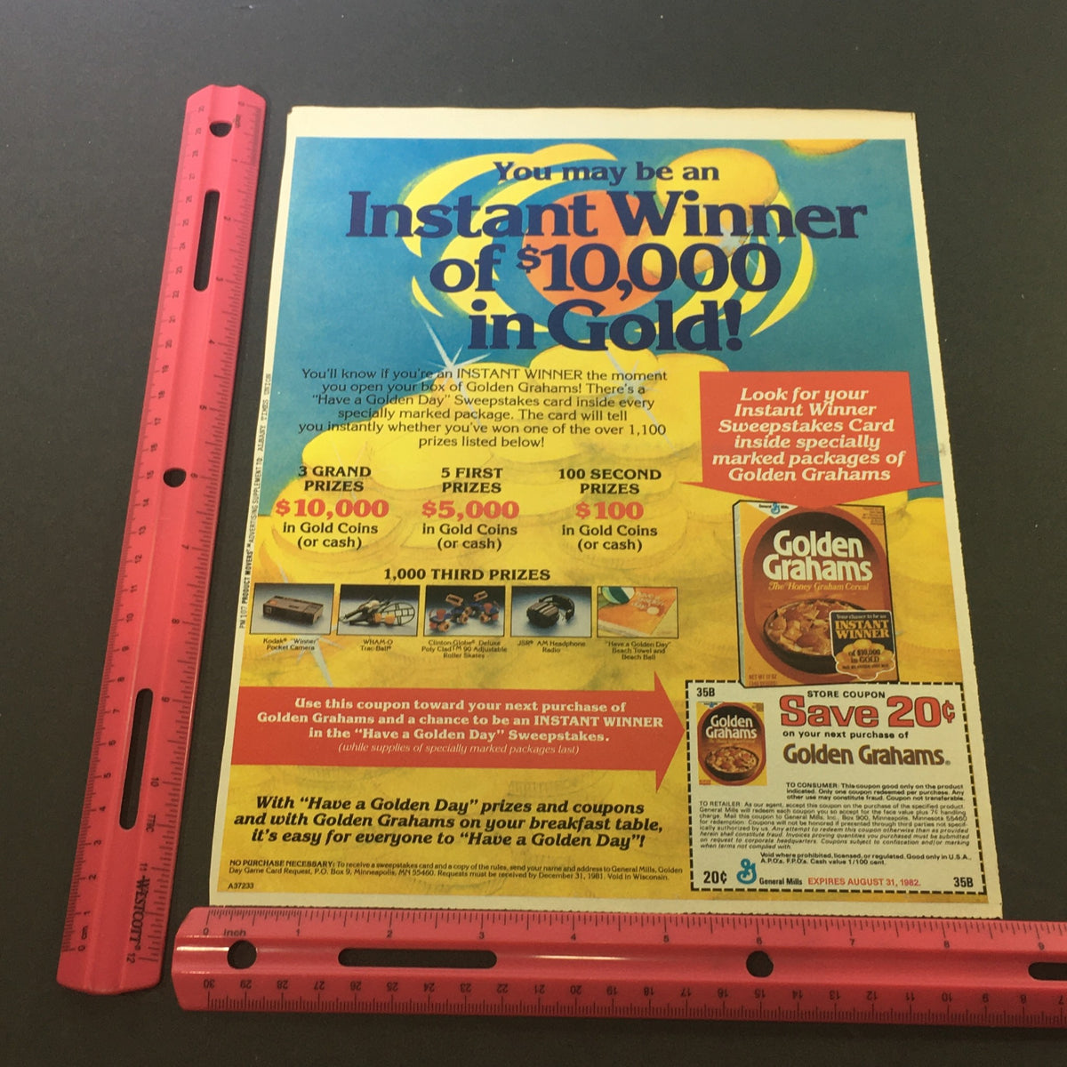 VTG 1982 Golden Grahams The Honey Graham Cereal Sweepstakes Print Ad Coupon displaying the contest details for winning $10,000 and the associated coupon savings for Golden Grahams.
