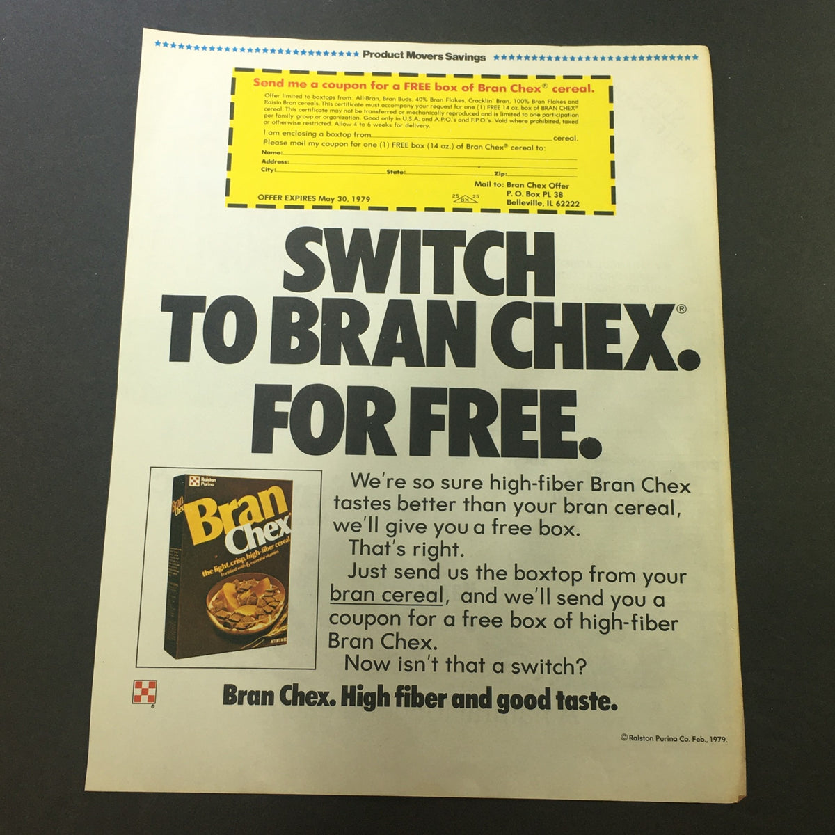 VTG 1979 Purina Bran Chex High-Fiber FREE Cereal Box Print Ad featuring a promotional offer for a free box of Bran Chex cereal. The advertisement showcases the product and highlights its high fiber content.