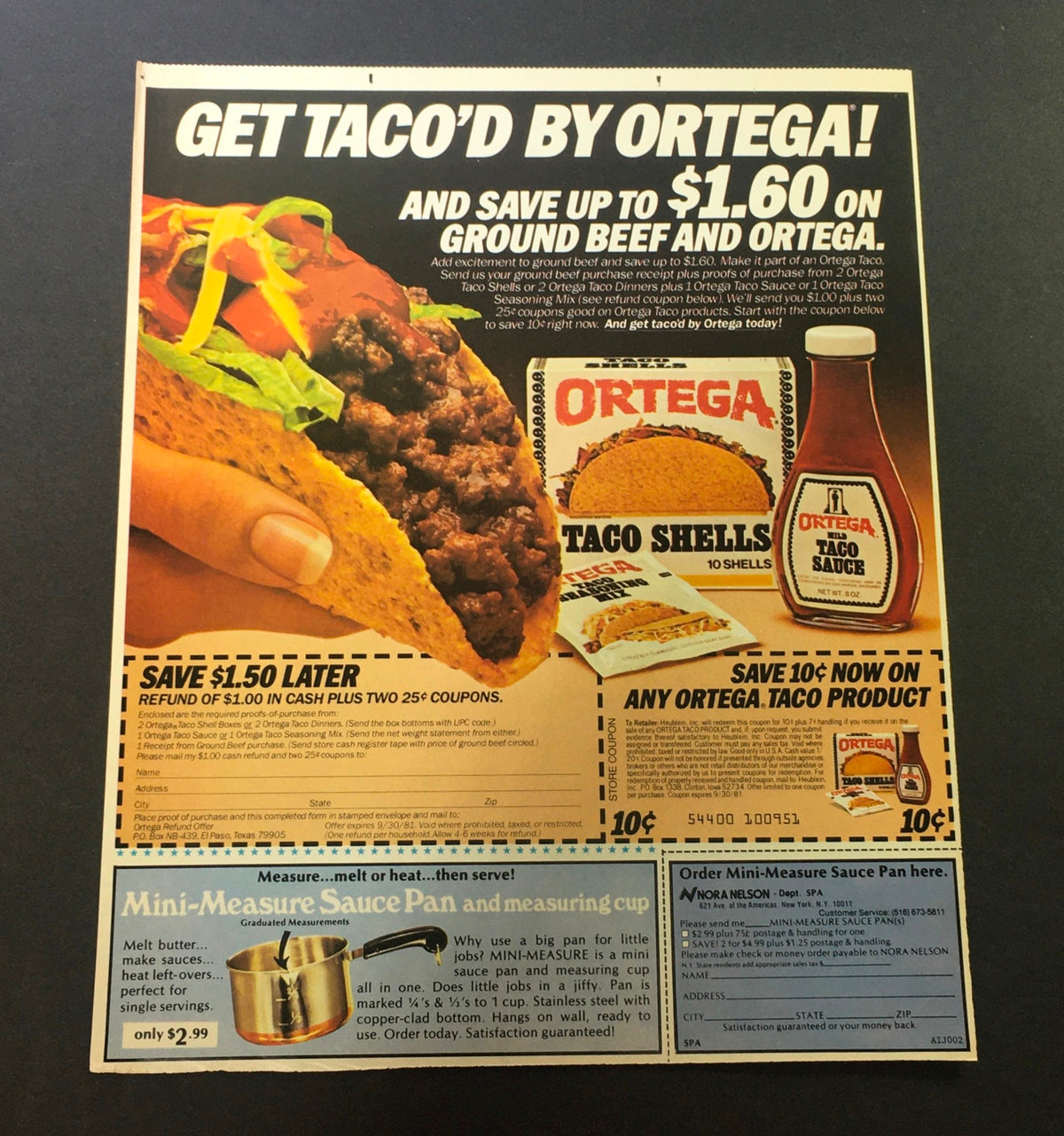 VTG 1981 Ortega Taco Shells and Ortega Taco Sauce Print Ad featuring a taco filled with beef, promotional coupon details highlighting savings of up to $1.60, and information on refunds for coupons.