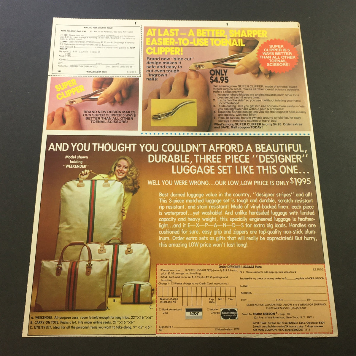 VTG 1981 advertisement for a designer luggage set, showcasing a three-piece collection, with pricing details and additional information about the high-quality products available.