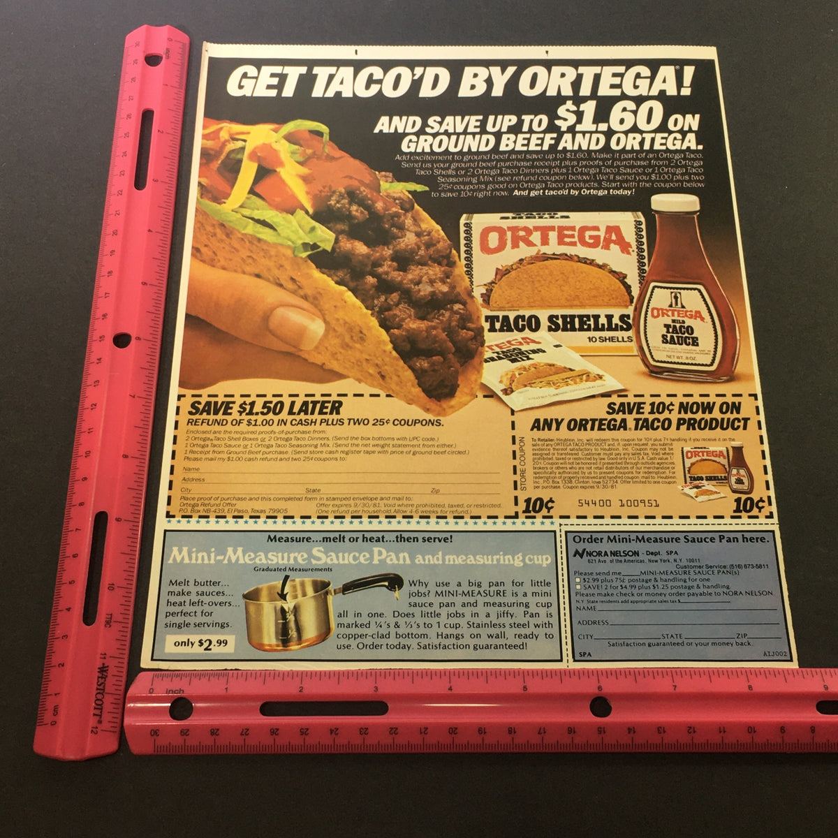 Vintage 1981 Ortega Taco Shells and Ortega Taco Sauce print advertisement featuring a taco filled with ground beef, a coupon savings offer, and details promoting taco shell and sauce products.