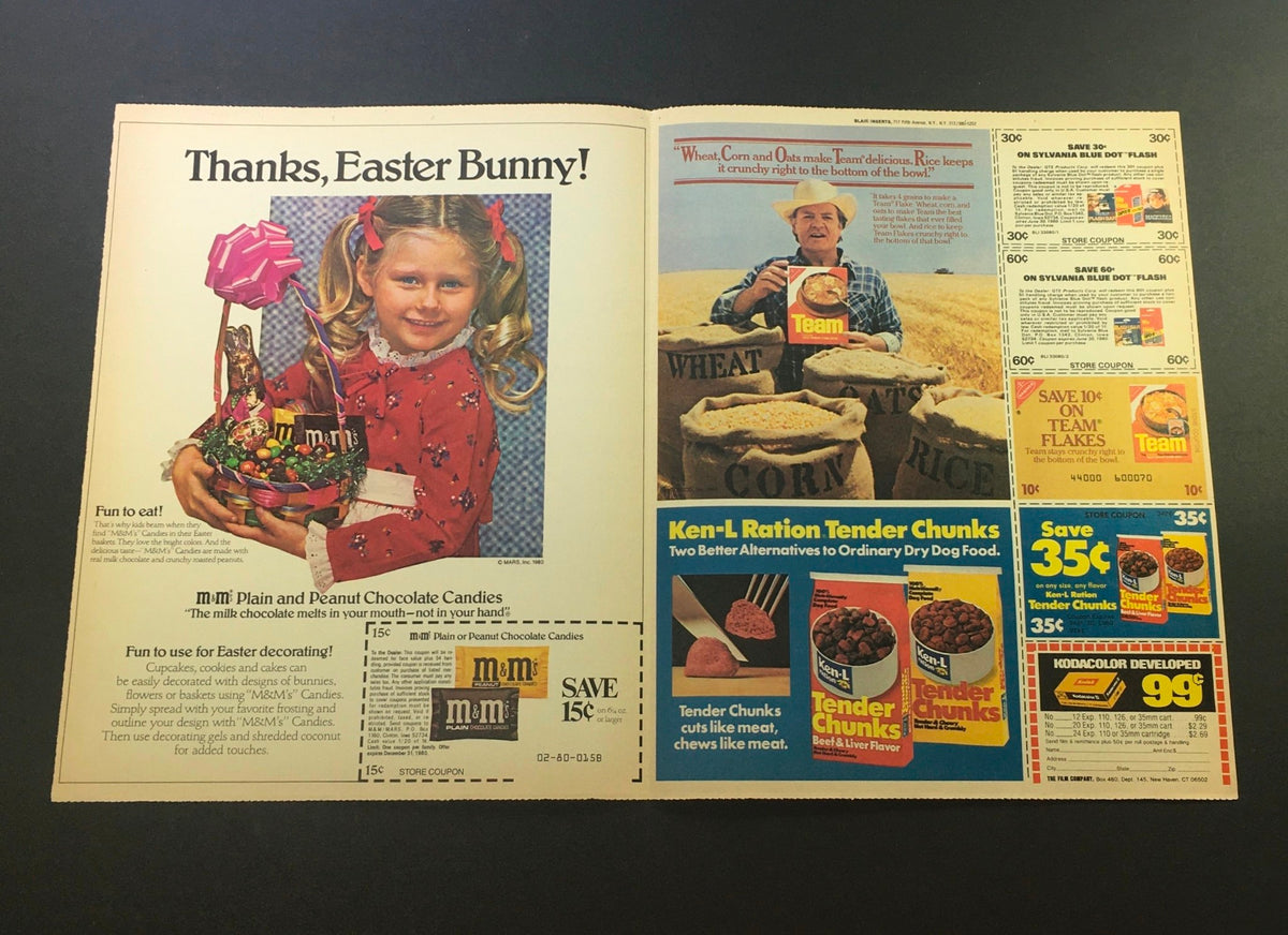 VTG 1980 M&M's Plain & Chocolate Candies & Ken-L Ration Tender Chunks Ad Coupon showcasing a nostalgic Easter Bunny theme with the M&M's advertisement and product coupons.