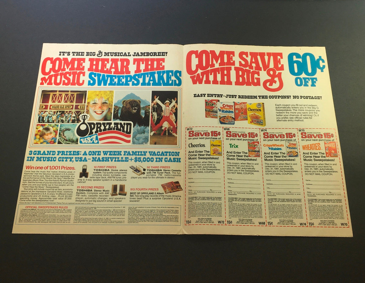 VTG 1981 Toshiba Home Entertainment System Opryland Music Sweepstakes Coupon featuring advertisements for a music sweepstakes and vacation in Nashville, displayed on two pages.