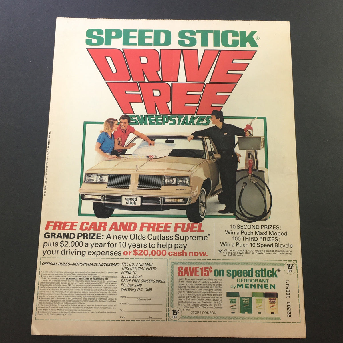 VTG 1981 Toshiba Home Entertainment System Opryland Music Sweepstakes Coupon showcasing a Speed Stick Drive Free Sweepstakes advertisement with a car and cash prizes.