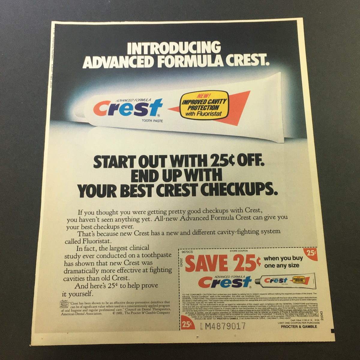 VTG 1981 Crest Toothpaste Ad showcasing the introduction of Advanced Formula Crest with a discount offer. The advertisement highlights improved cavity protection features.