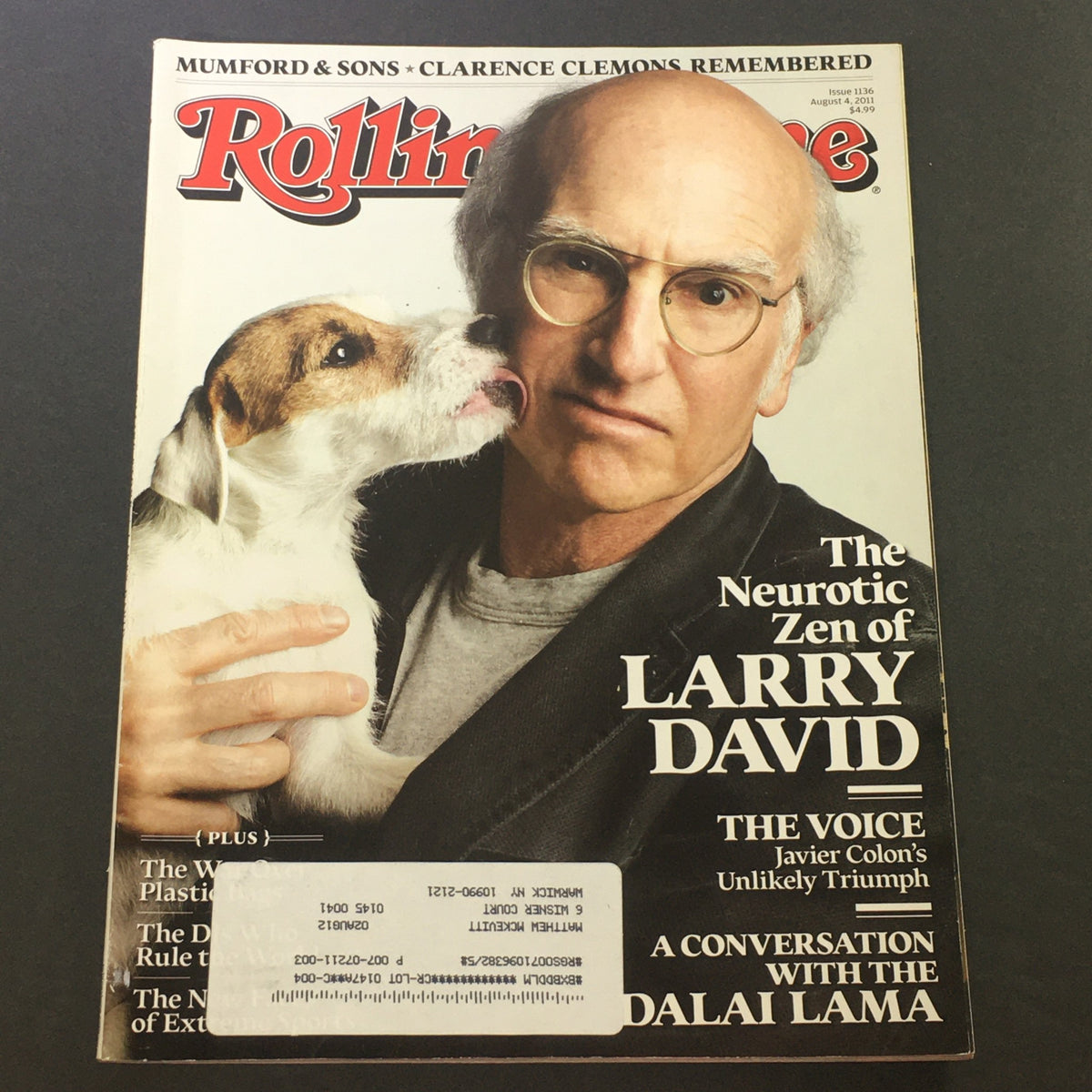 Cover of Rolling Stone Magazine Issue 1136 featuring Larry David with a dog, published on August 4, 2011, highlighting insights from Larry David and the 14th Dalai Lama.