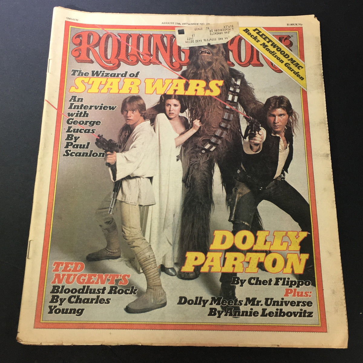 Vintage Rolling Stone Magazine August 25, 1977 featuring George Lucas, Star Wars characters, and Dolly Parton on the cover, showcasing iconic pop culture history.
