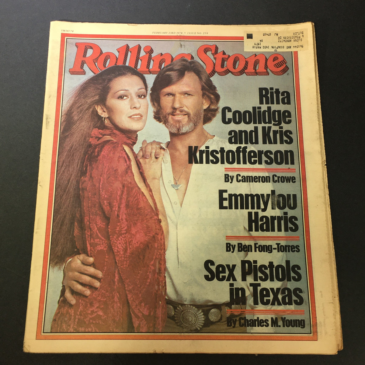 Vintage Rolling Stone Magazine cover from February 23, 1978 featuring Rita Coolidge and Kris Kristofferson, highlights stories by Cameron Crowe, Emmy Lou Harris, and the Sex Pistols in Texas.