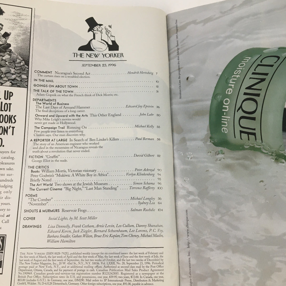 Interior page of The New Yorker September 23 1996 showing the table of contents, highlighting various articles and illustrations from this vintage magazine.