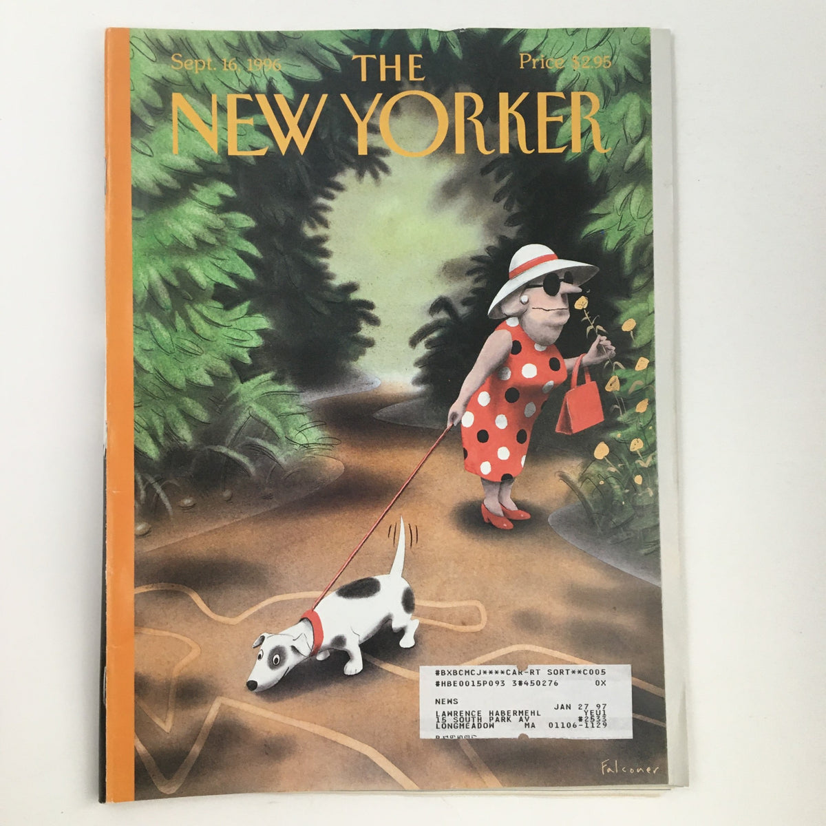 Cover of The New Yorker September 16 1996 featuring an illustration by Ian Falconer, depicting a woman in a red polka-dot dress walking a dog along a path, surrounded by green foliage.