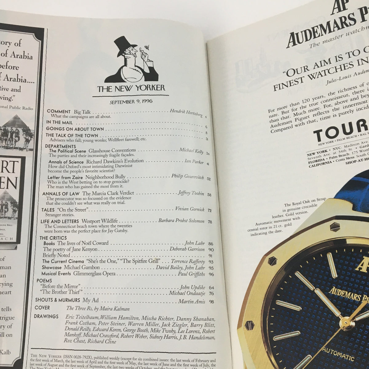 Interior page of The New Yorker September 9 1996 magazine displaying the table of contents, articles, and features, including the cover art by Maira Kalman.