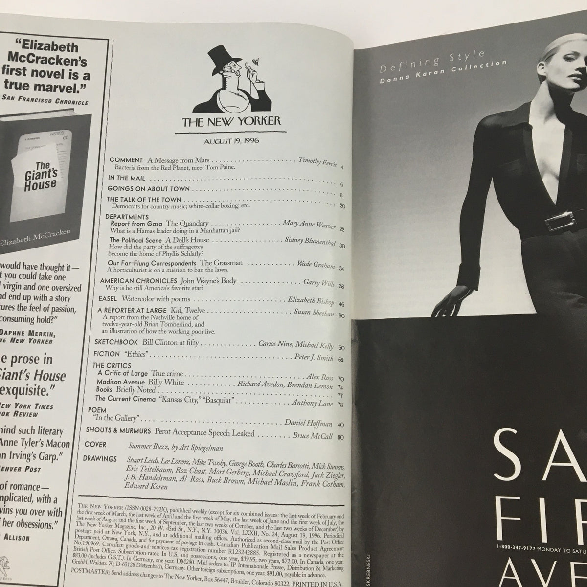 Interior page of The New Yorker August 19 1996 displaying the table of contents, featuring a diverse range of articles and thematic contributions.