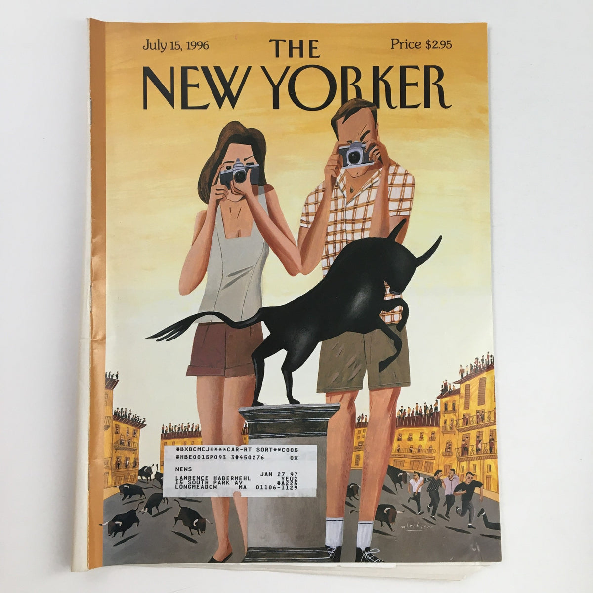 The New Yorker July 15 1996 Full Magazine Cover by Mark Ulriksen featuring a couple with cameras and a black dog.