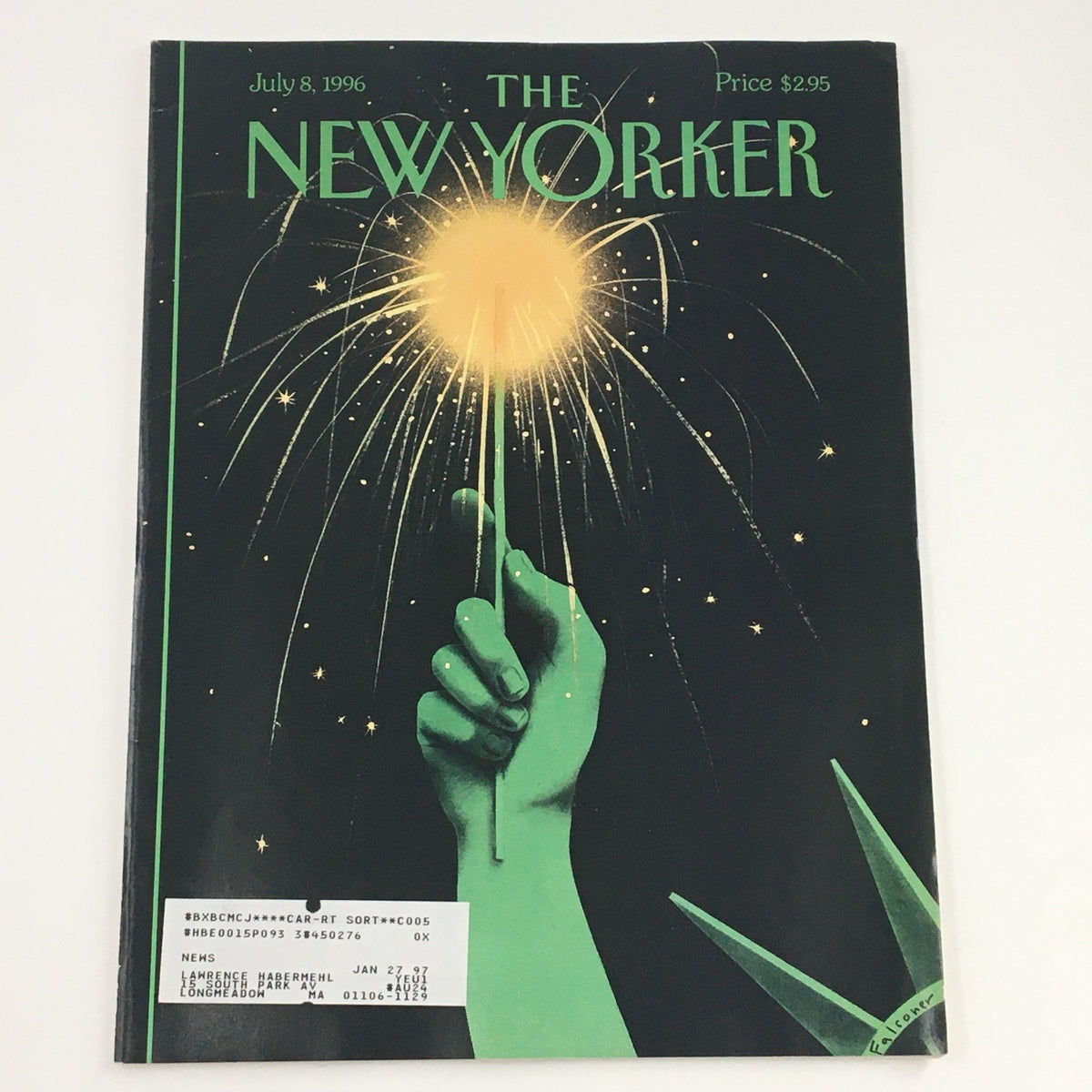 Cover of The New Yorker July 8, 1996, featuring a striking illustration by Ian Falconer with a hand holding a sparkler against a dark background.