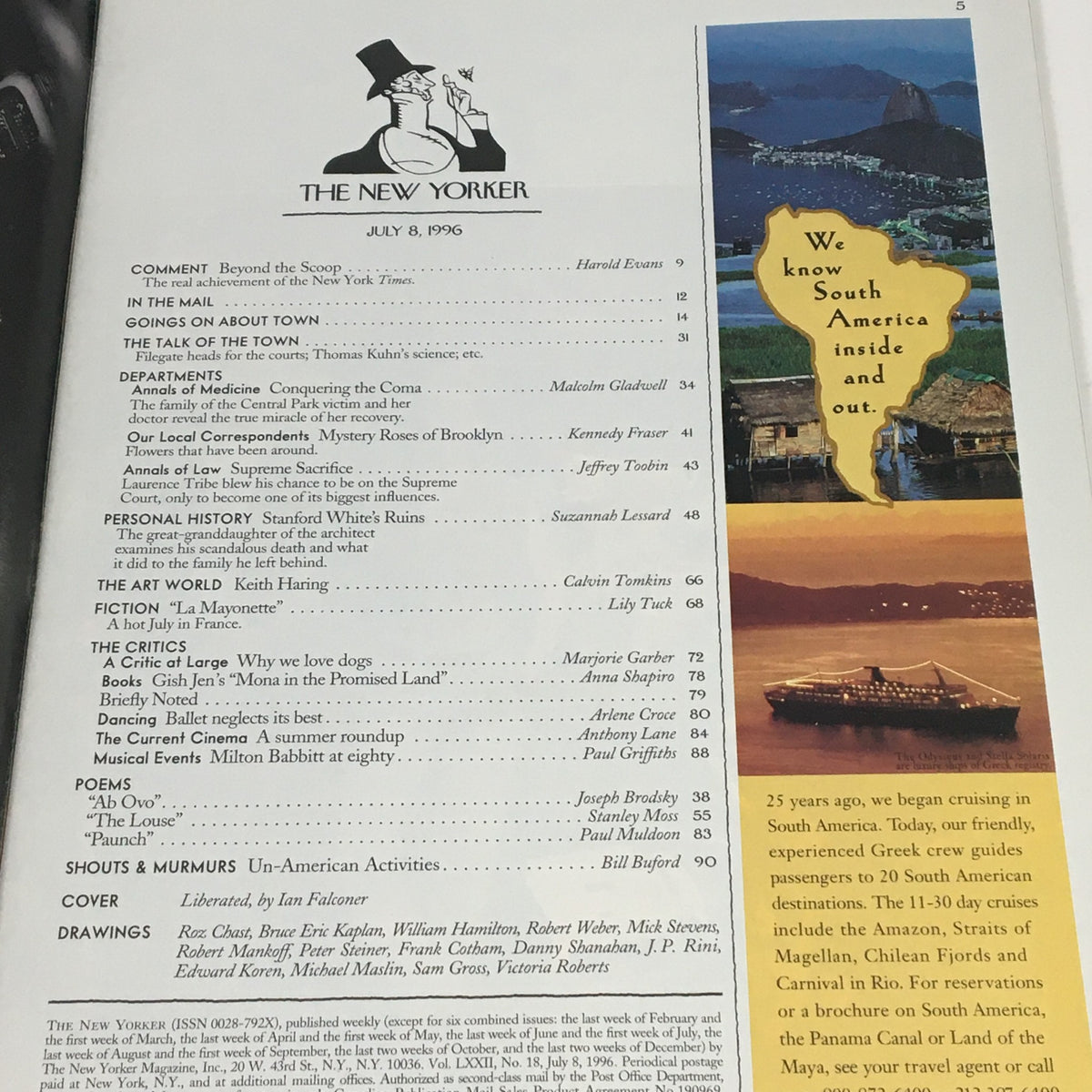 Table of contents from The New Yorker July 8, 1996 magazine, showcasing various articles and features including contributions from notable writers.