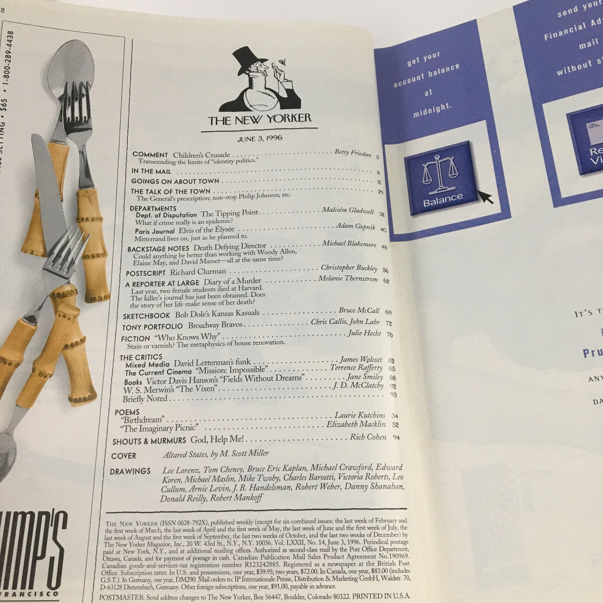 Inside page of The New Yorker June 3 1996 displaying the table of contents, including articles and columns featured in that issue, along with visual elements related to the magazine's style.