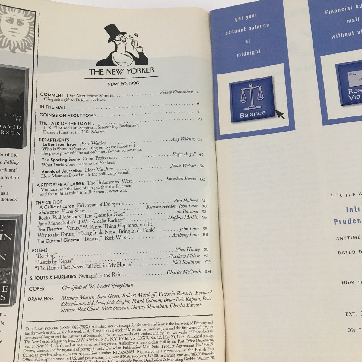 Interior page of The New Yorker May 20, 1996, showcasing the contents section with articles and features alongside the iconic magazine header.