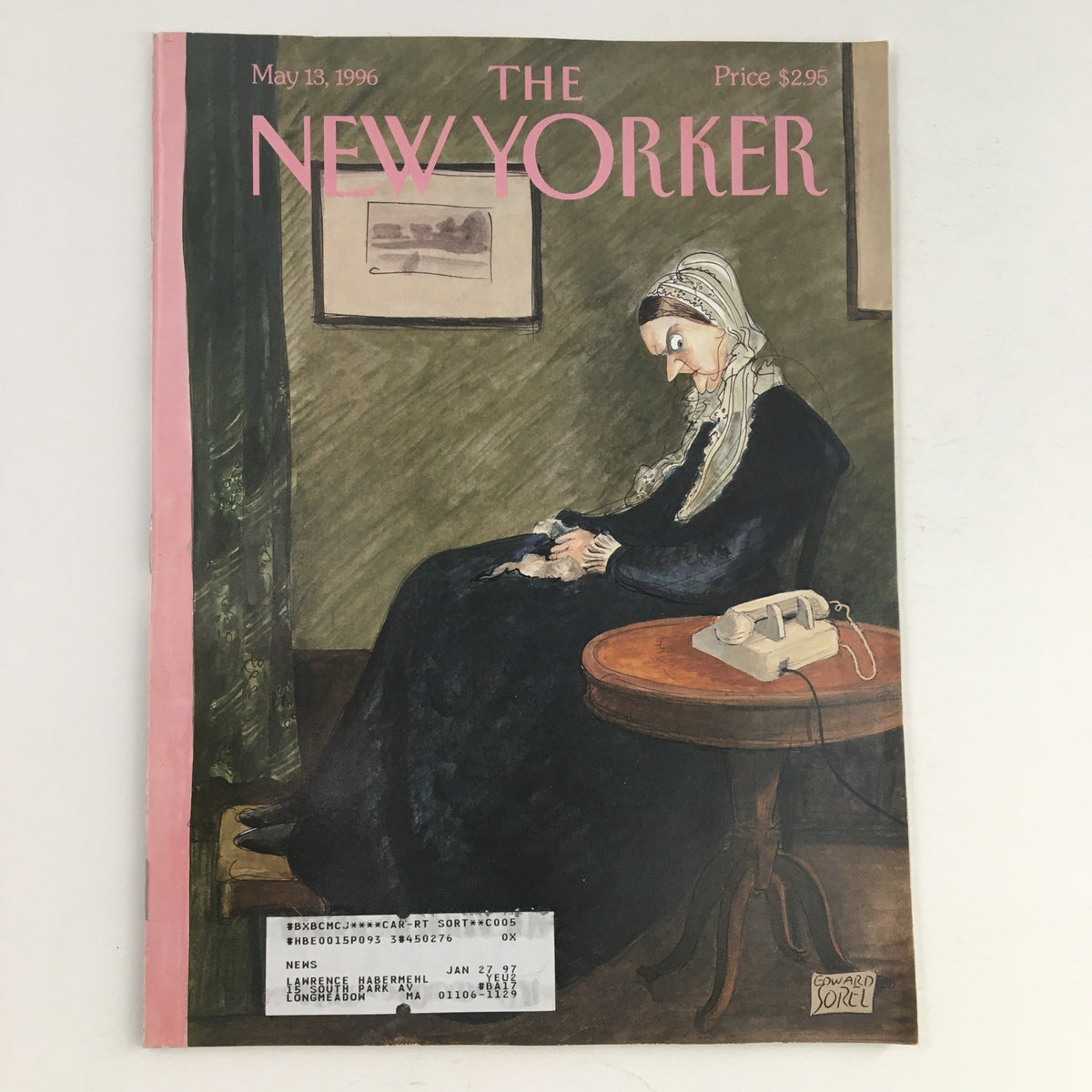 Cover of The New Yorker May 13 1996 featuring an illustration by Edward Sorel, depicting a woman seated with a phone and a historical backdrop.