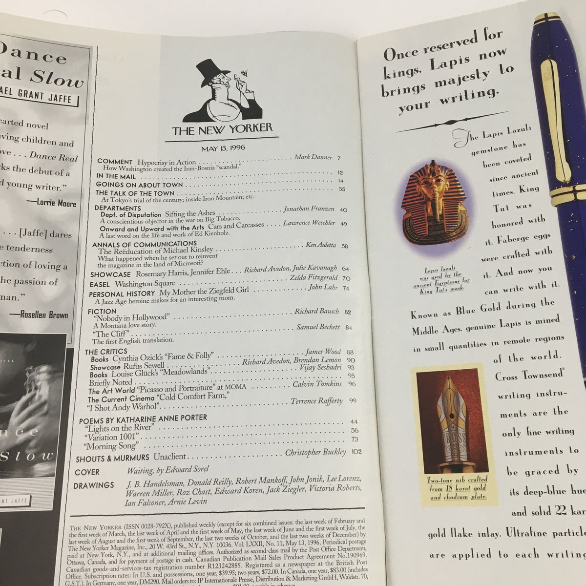 Inside pages of The New Yorker May 13 1996 showcasing the table of contents and advertisements, highlighting articles and illustrations.
