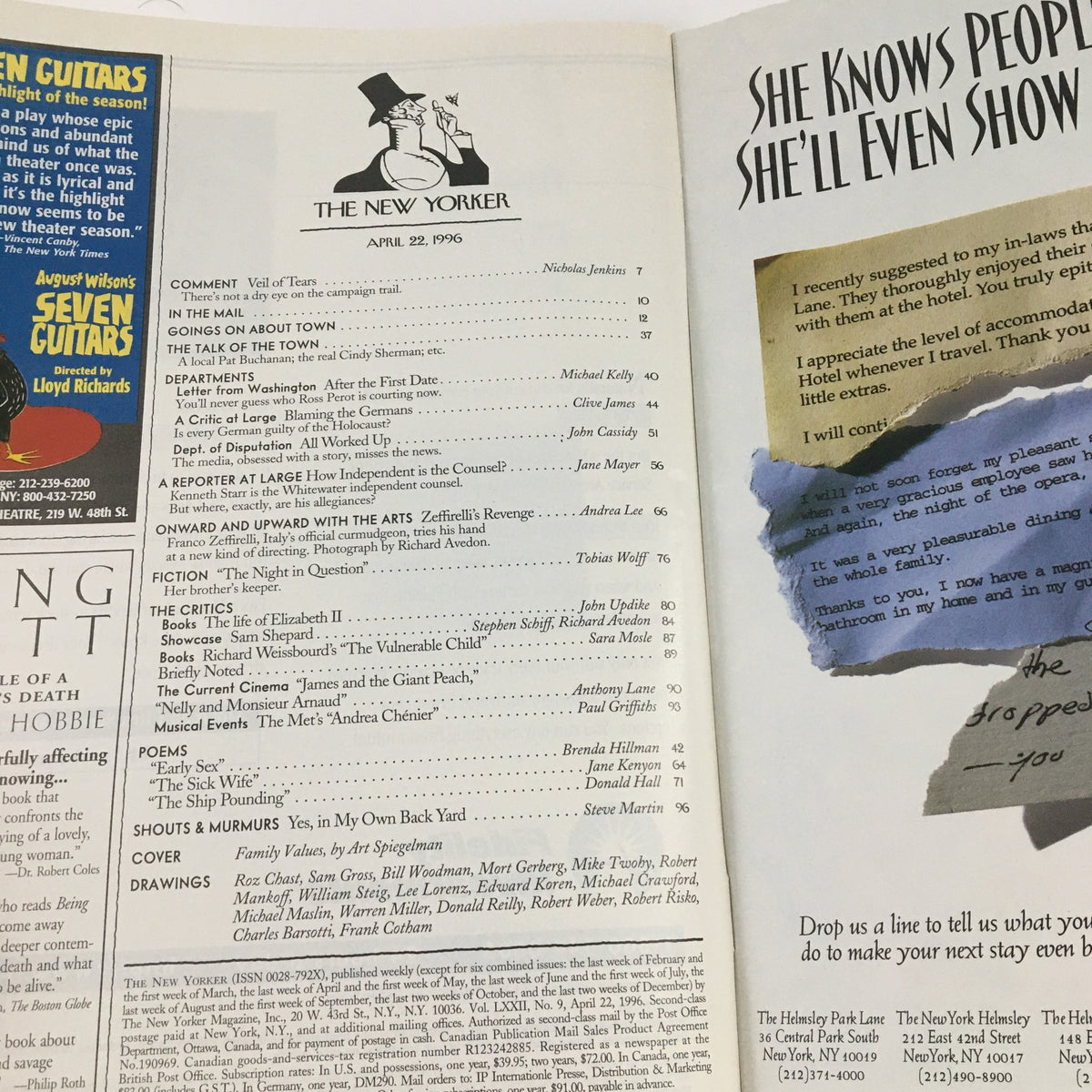 Inside view of The New Yorker April 22 1996, showcasing the table of contents with various article titles and details, emphasizing the magazine's rich editorial content.