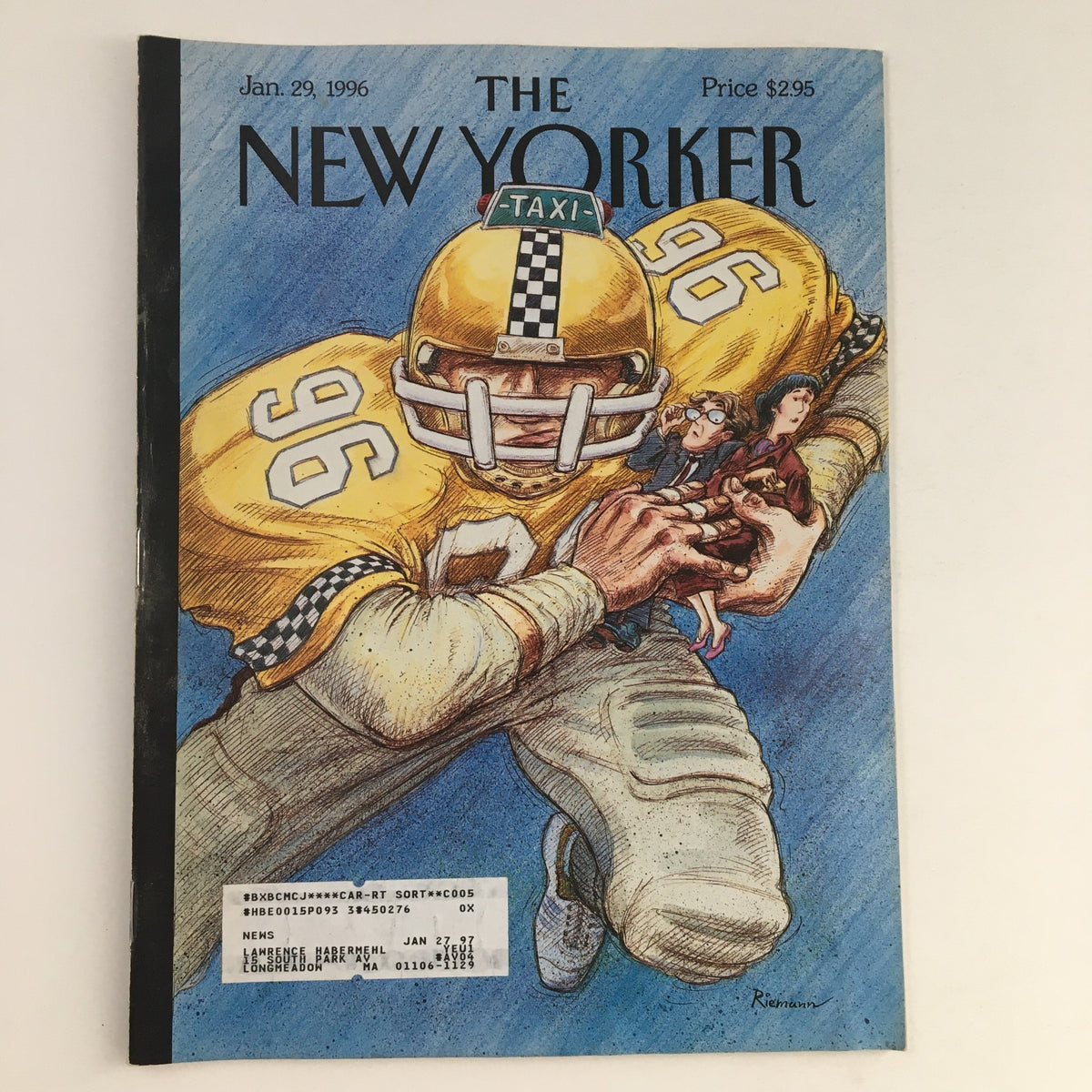 Cover of The New Yorker January 29, 1996 featuring artwork by George Riemann, depicting a football player in a yellow jersey, capturing the vintage 90s aesthetic.