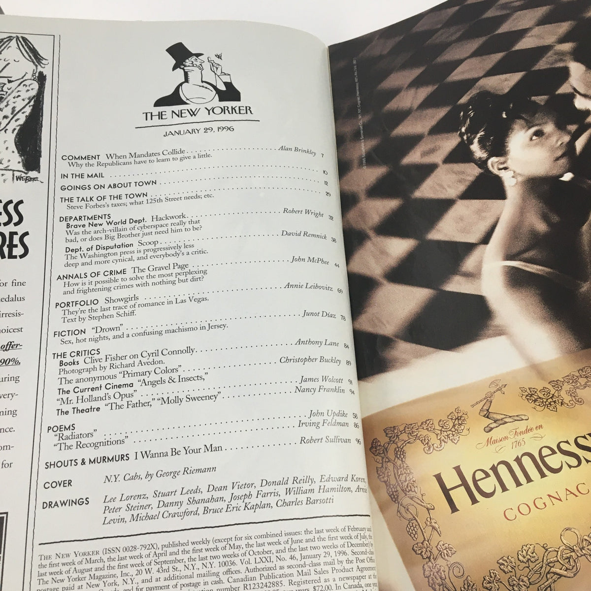 Inside page of The New Yorker January 29, 1996 showing the table of contents, highlighting articles and features of the issue, preserving the classic New Yorker layout.