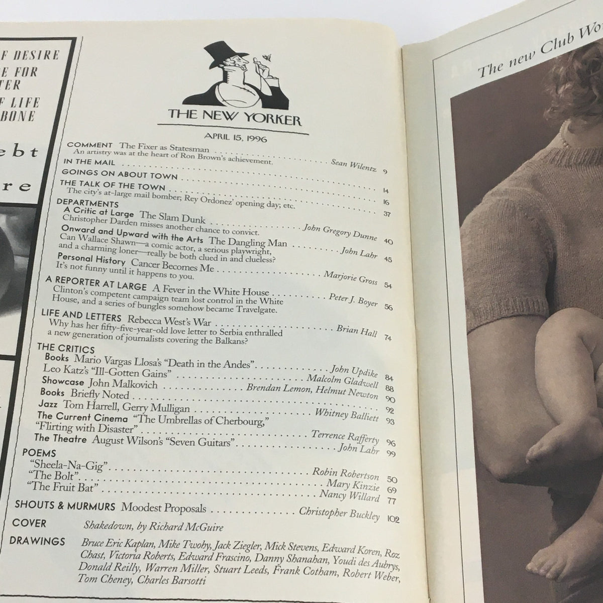 The New Yorker April 15 1996 interior page showcasing the magazine's table of contents, highlighting articles and features from this vintage issue.