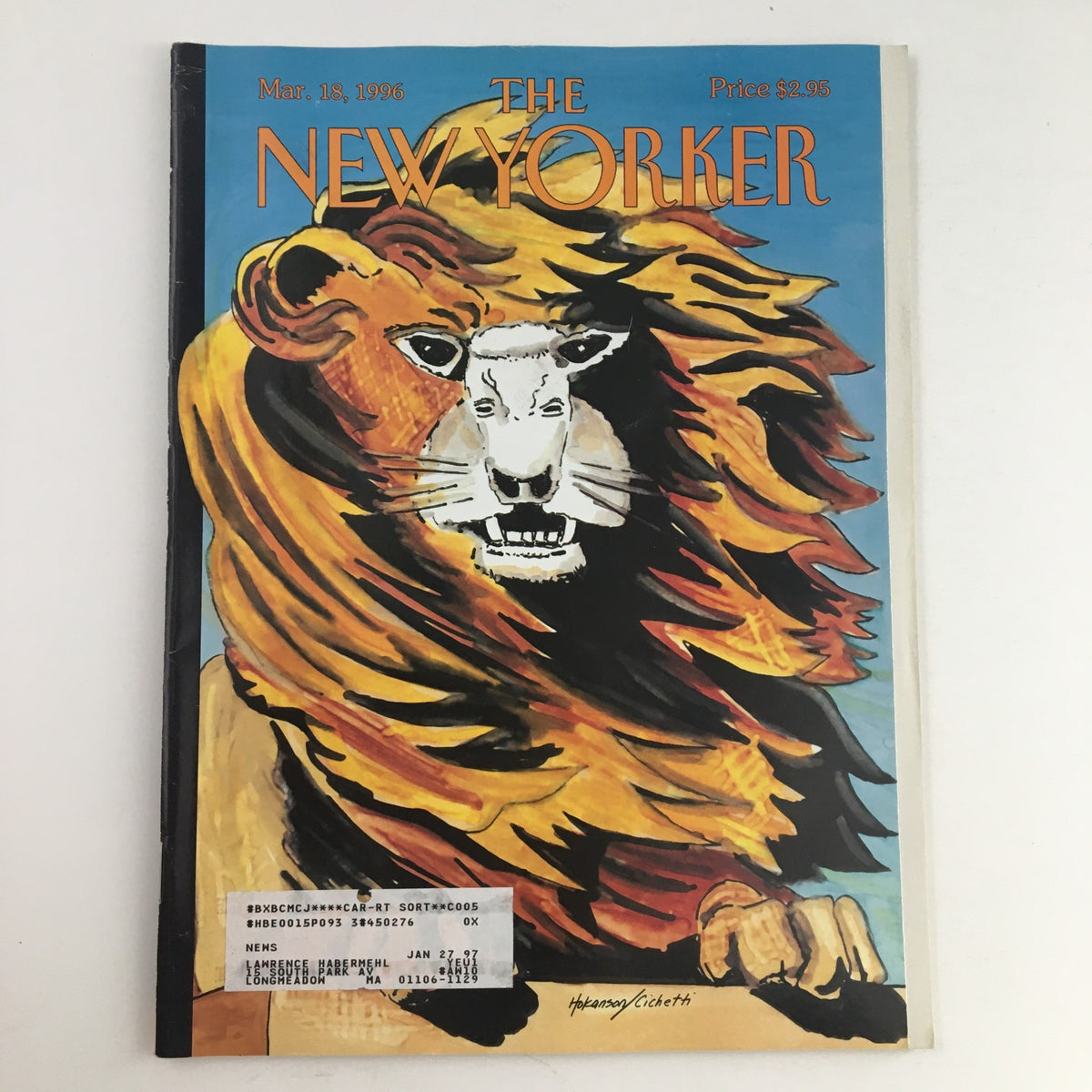 Cover of The New Yorker March 18, 1996 featuring a striking lion illustration by artist Frances Cichetti, highlighting the magazine's unique vintage appeal.