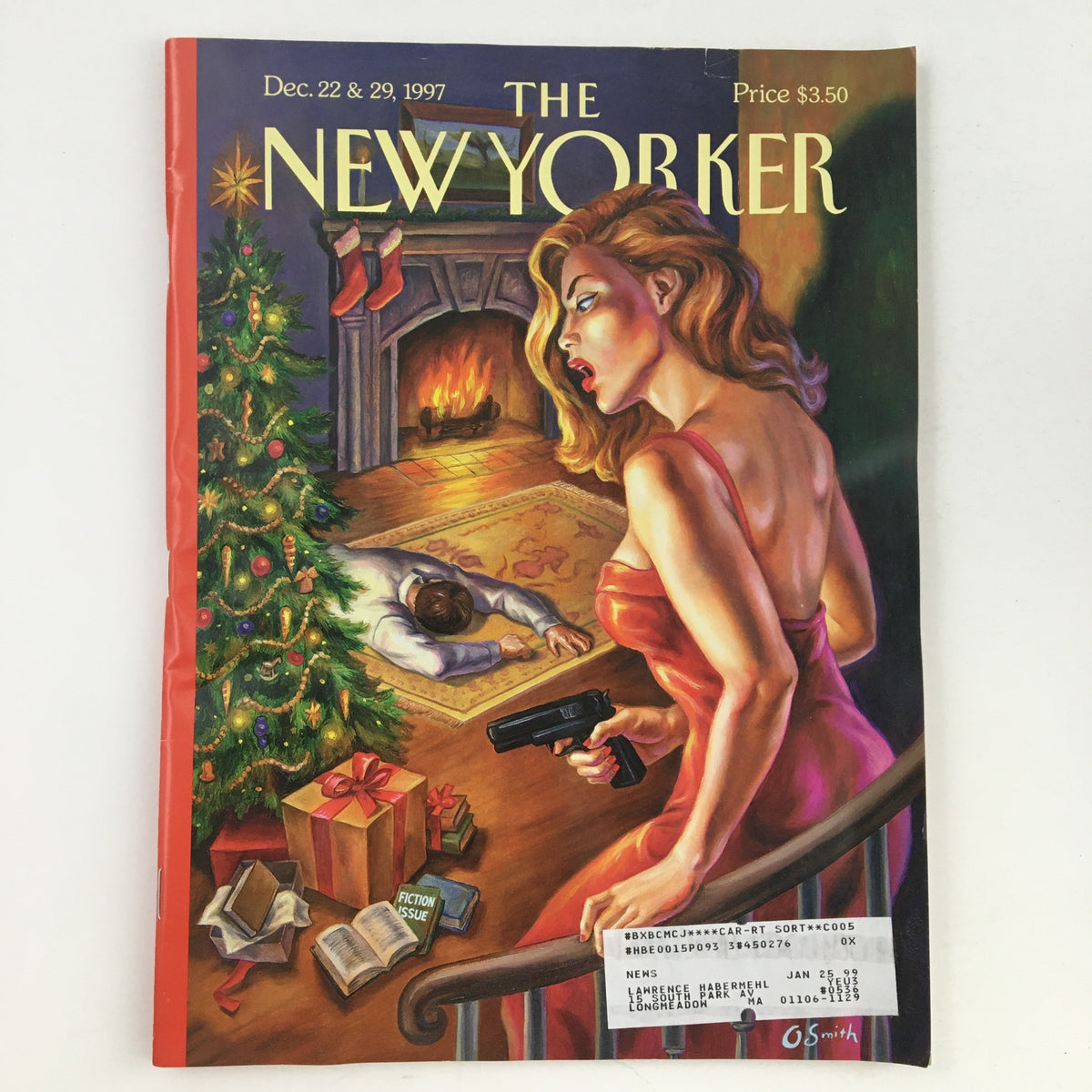 The New Yorker December 22 1997 Full Magazine Theme Cover Art by Owen Smith featuring a striking illustration of a glamorous woman in a red dress holding a gun, set against a cozy Christmas scene with a decorated tree and a sleeping man by the fireplace.