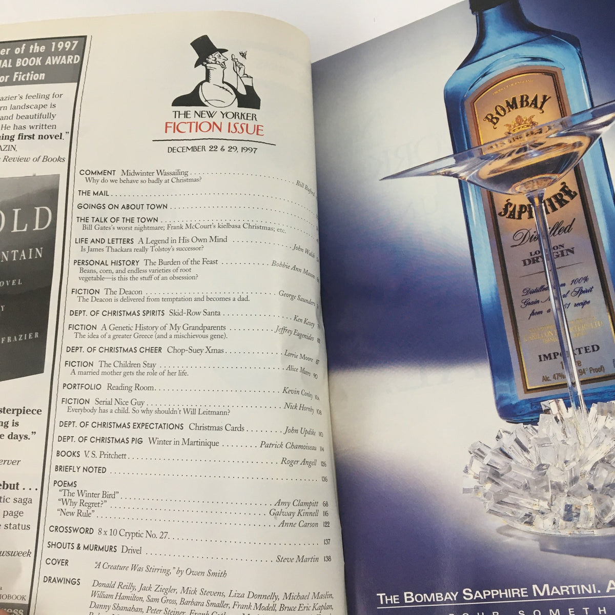 Inside view of The New Yorker December 22 1997 magazine, showcasing the table of contents for the fiction issue, including various articles and features along with an advertisement for Bombay Sapphire Gin.