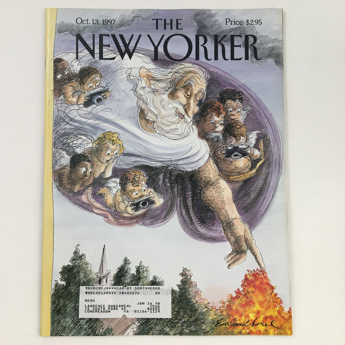 Cover of The New Yorker October 13 1997 featuring vibrant artwork by Edward Sorel, depicting whimsical angels and a commanding figure inspiring creativity, priced at $2.95.