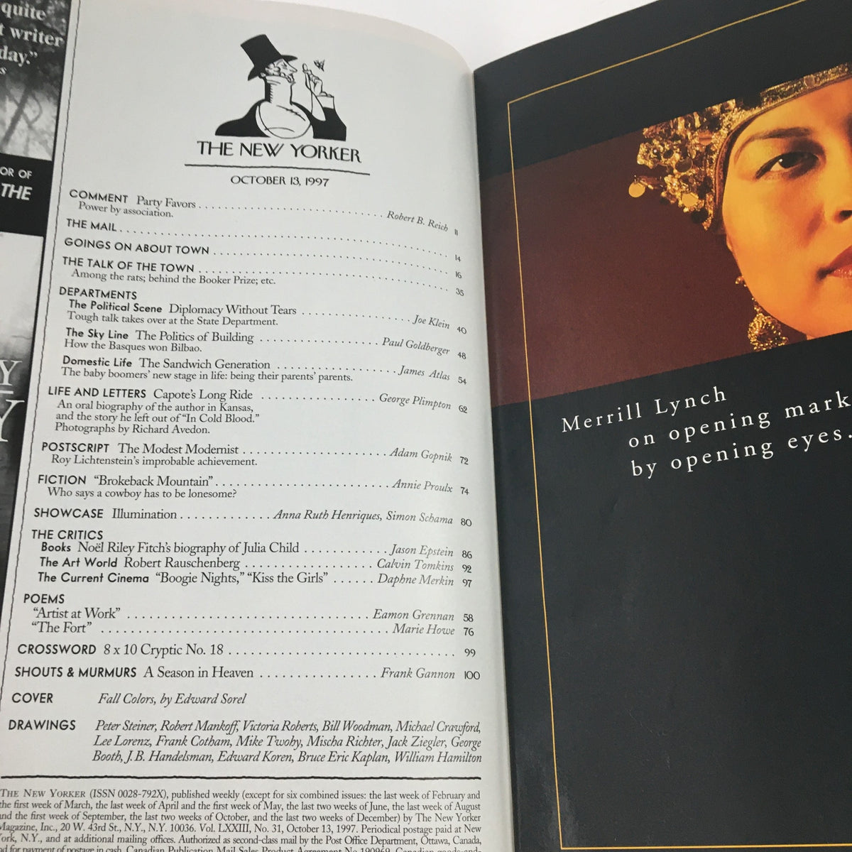 Interior page from The New Yorker October 13 1997 showcasing the table of contents, highlighting articles and features from that date, reflecting the magazine's rich literary tradition.
