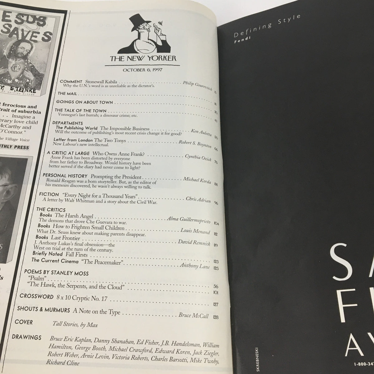 Inside page of The New Yorker October 6 1997 showcasing the table of contents, featuring articles, critical reviews, and cultural commentary, illustrating the magazine's literary offerings of the issue.