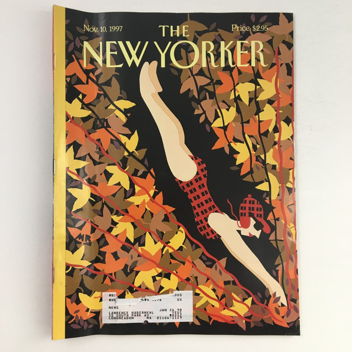The New Yorker November 10 1997 Full Magazine featuring vibrant cover art by Michael Roberts, showcasing a woman diving among autumn leaves in rich colors.