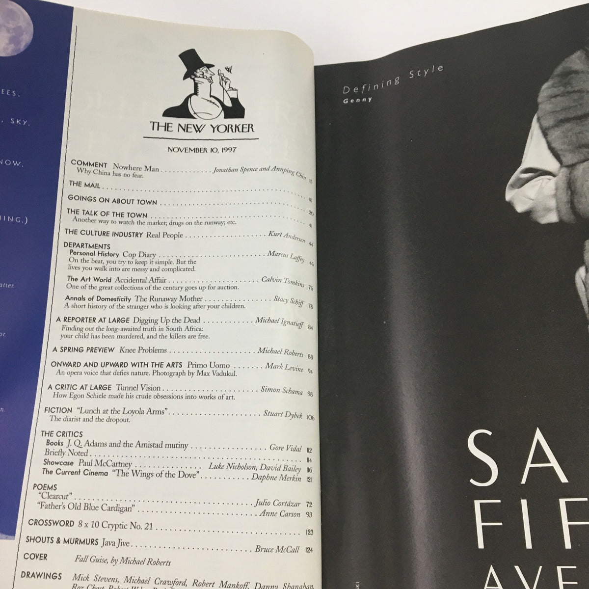 Inside pages of The New Yorker November 10, 1997 magazine showing the table of contents and editorial features including 'Comment', 'Departments', and 'Critics'. This issue is known for its cover art by Michael Roberts.