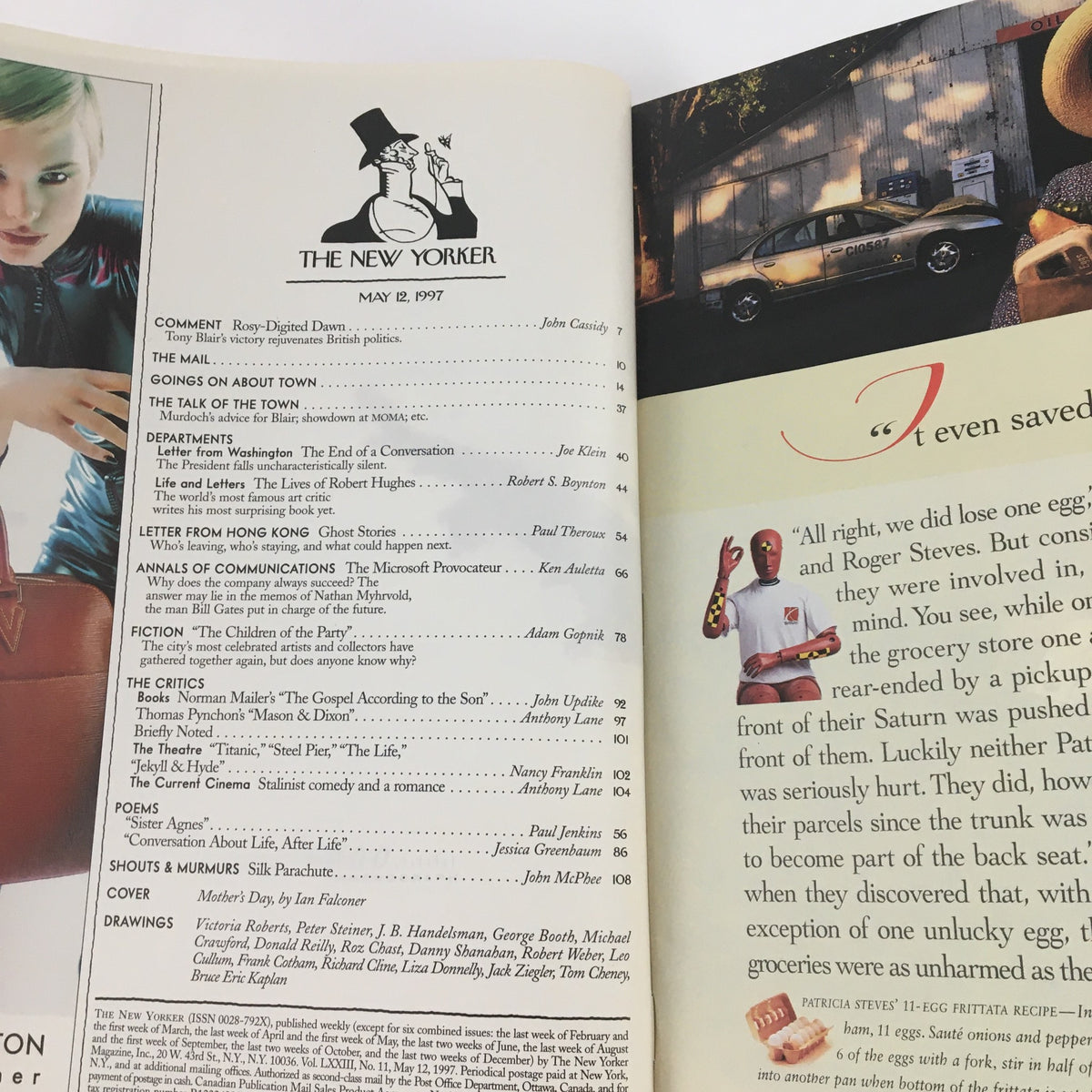 Interior page from The New Yorker May 12 1997 magazine featuring the contents section, highlighting various articles and contributors for that edition.