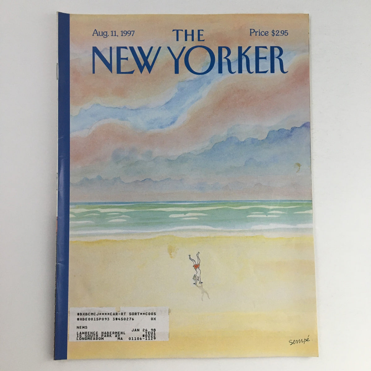 Cover of The New Yorker August 11, 1997 magazine, featuring whimsical watercolor art by Jean-Jacques Sempé depicting a beach scene with a person performing a handstand in the sand.