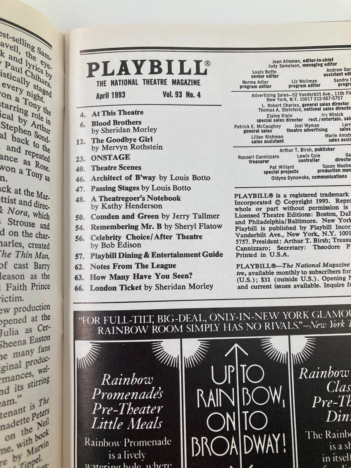 1993 Playbill for The Goodbye Girl at Marquis Theatre featuring the cast and production details, including Bernadette Peters and Martin Short.