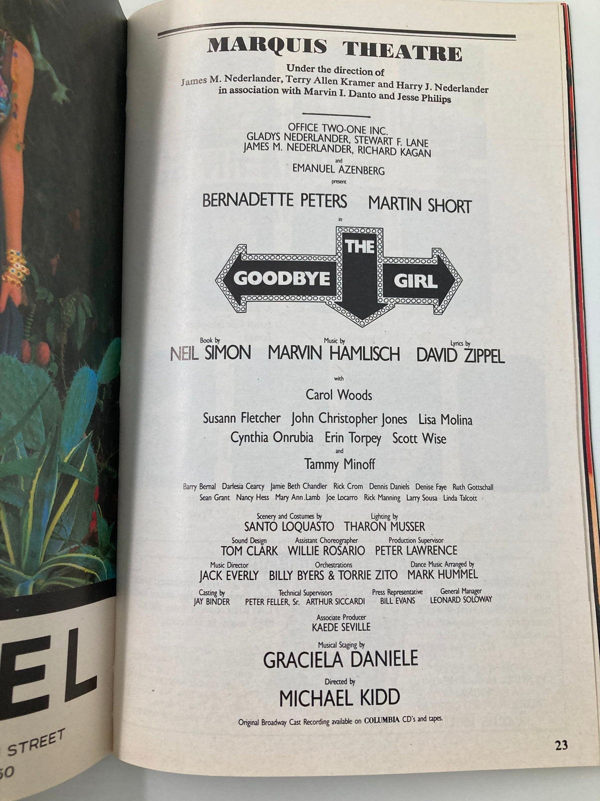 Interior page of the 1993 Playbill for The Goodbye Girl, showcasing detailed credits, featured actors, and production information from the Marquis Theatre.