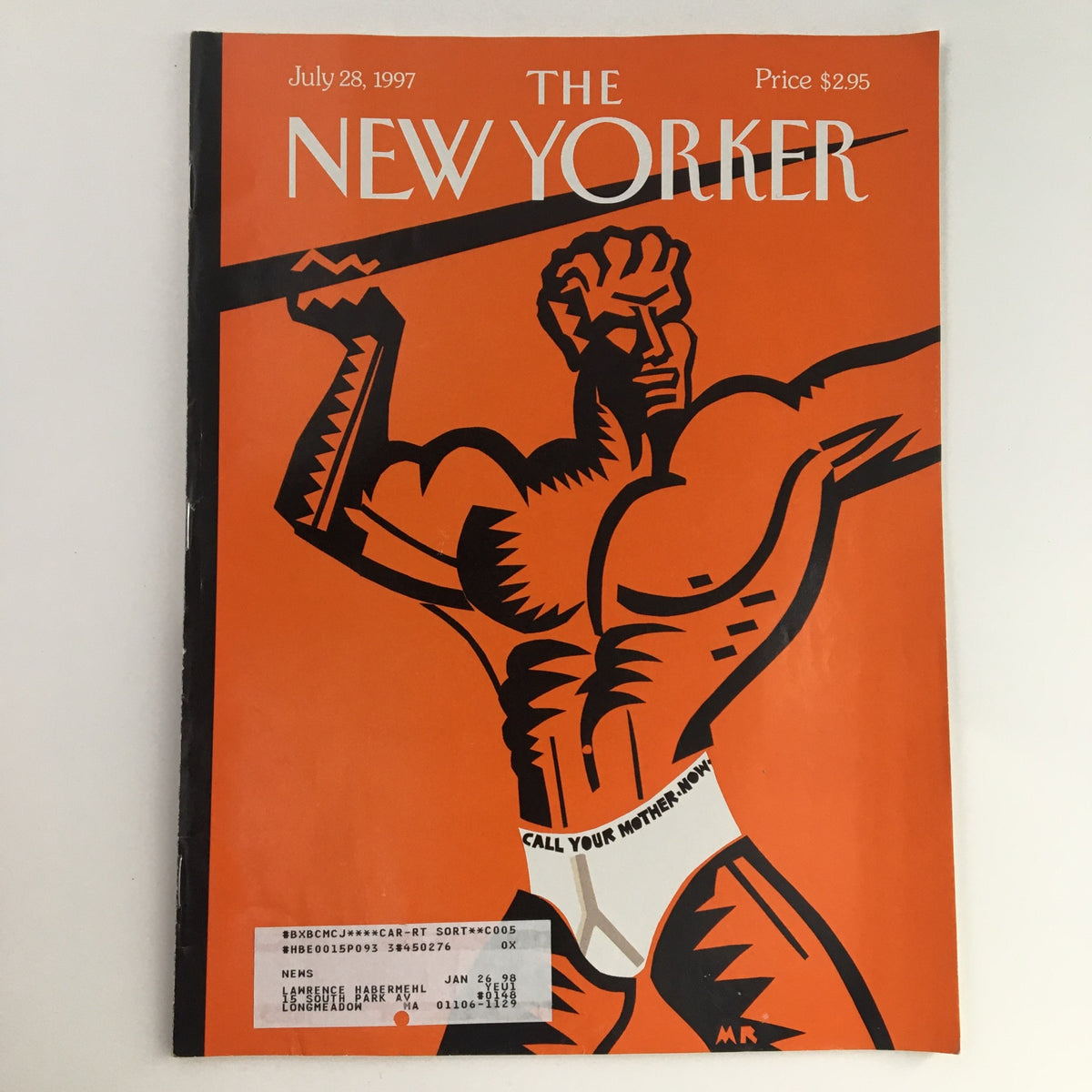 Cover art of The New Yorker July 28, 1997 magazine, featuring bold orange background and a stylized illustration of a muscular figure holding a weapon, designed by Michael Roberts. The cover price is $2.95 and features the text 'CALL YOUR MOTHER NOW'.