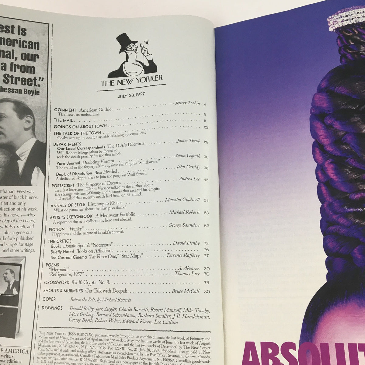 The New Yorker July 28 1997 Full Magazine Table of Contents featuring articles and features, including 'American Gothic' commentary and various departments such as 'The Talk of the Town' and 'Fiction'.