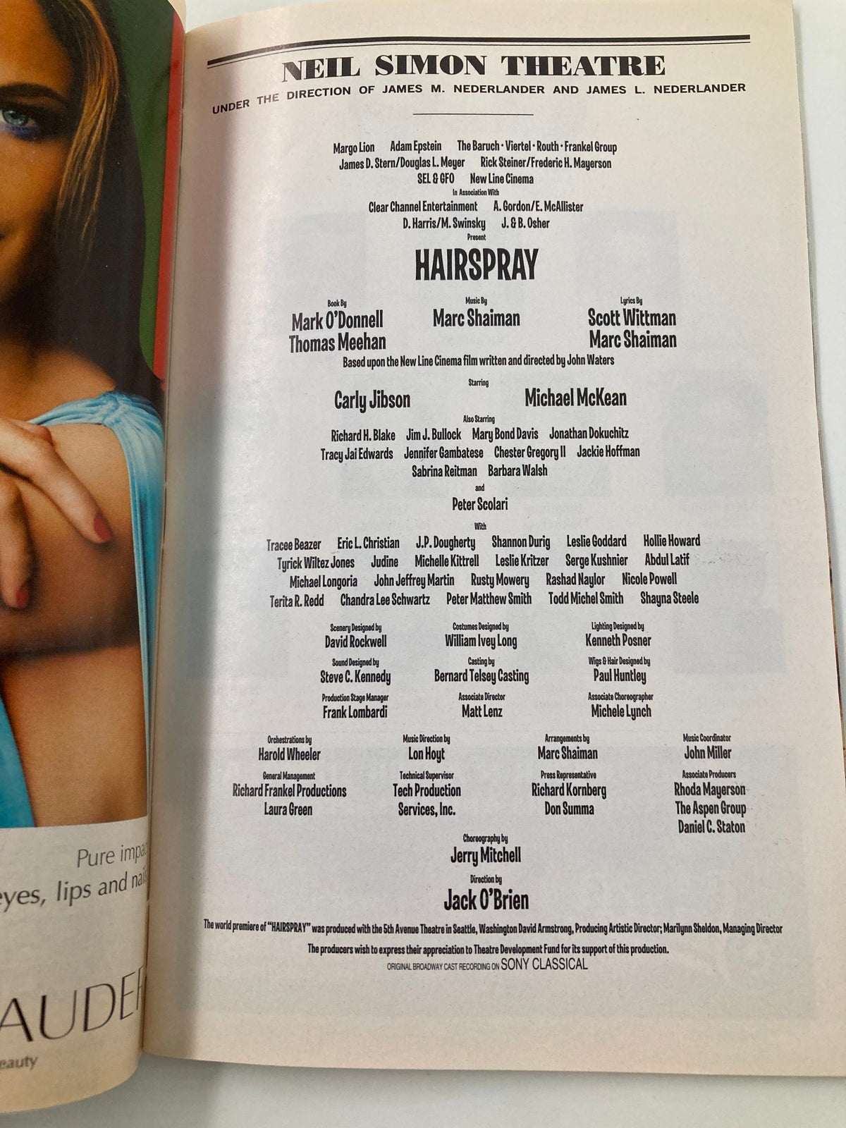 2004 Playbill from the Neil Simon Theatre for Hairspray, detailing the cast and crew, including Carly Jibson and Michael McKean.