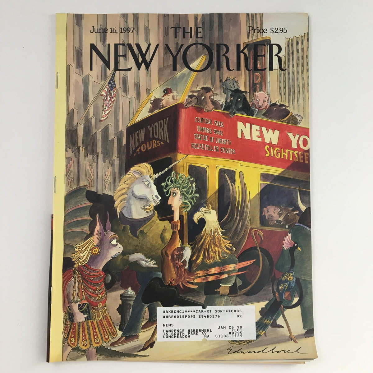 Cover art of The New Yorker June 16 1997 featuring Edward Sorel's vibrant illustration, depicting a whimsical city scene with various animals in New York City.