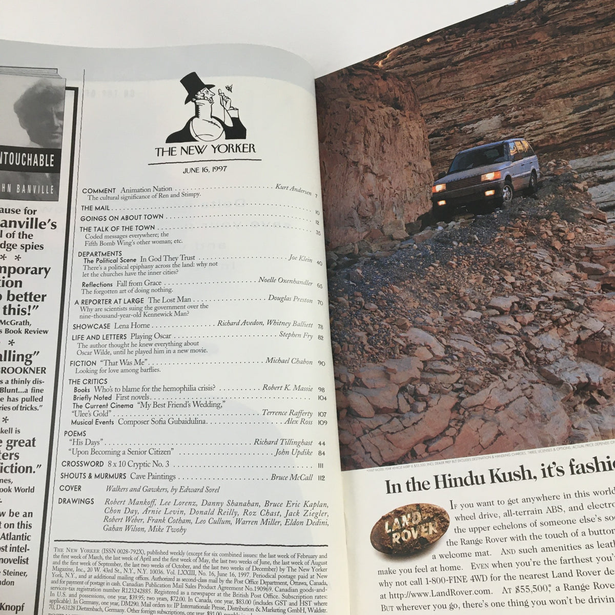 Interior page of The New Yorker June 16 1997 showing the table of contents with article titles and a scenic advertisement featuring a Land Rover.