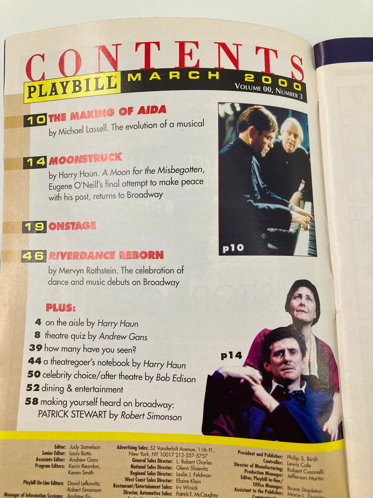 Contents page of the March 2000 Playbill, featuring articles about 'Aida,' 'Moonstruck,' and 'Riverdance Reborn,' plus highlights of Broadway shows.