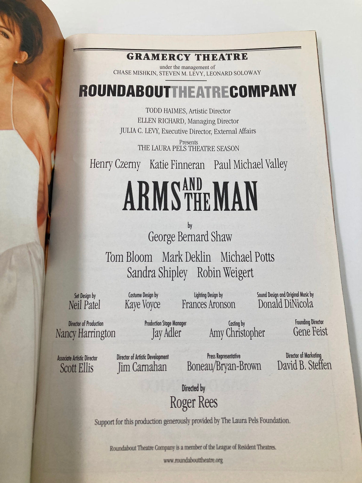 Cast page of the Playbill for 'Arms and the Man' at the Gramercy Theatre, listing actors Henry Czerny, Katie Finneran, and other key contributors to the production.
