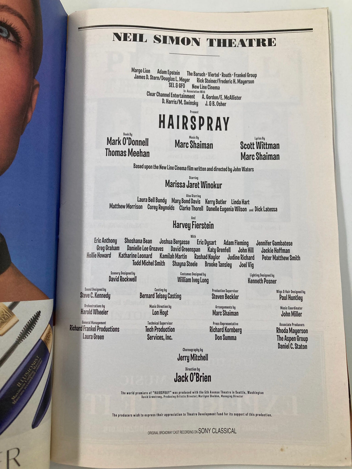 Cast and crew page from the 2002 Playbill of Hairspray, highlighting key contributors and production details.