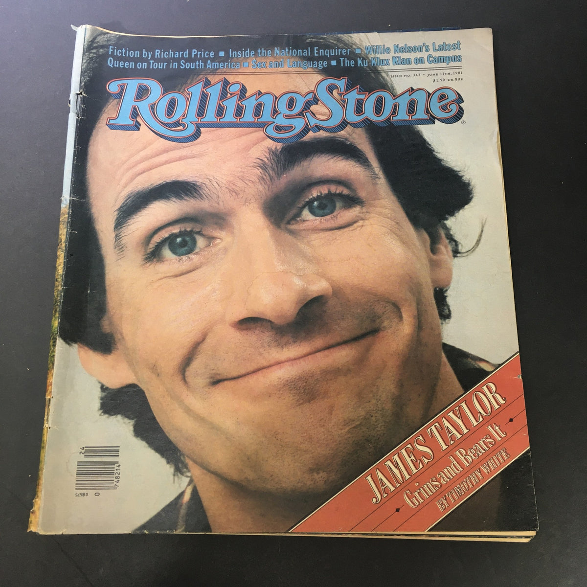 Vintage Rolling Stone magazine cover from June 11, 1981, featuring James Taylor, with the article titled 'Grins and Bears It' by Timothy White.