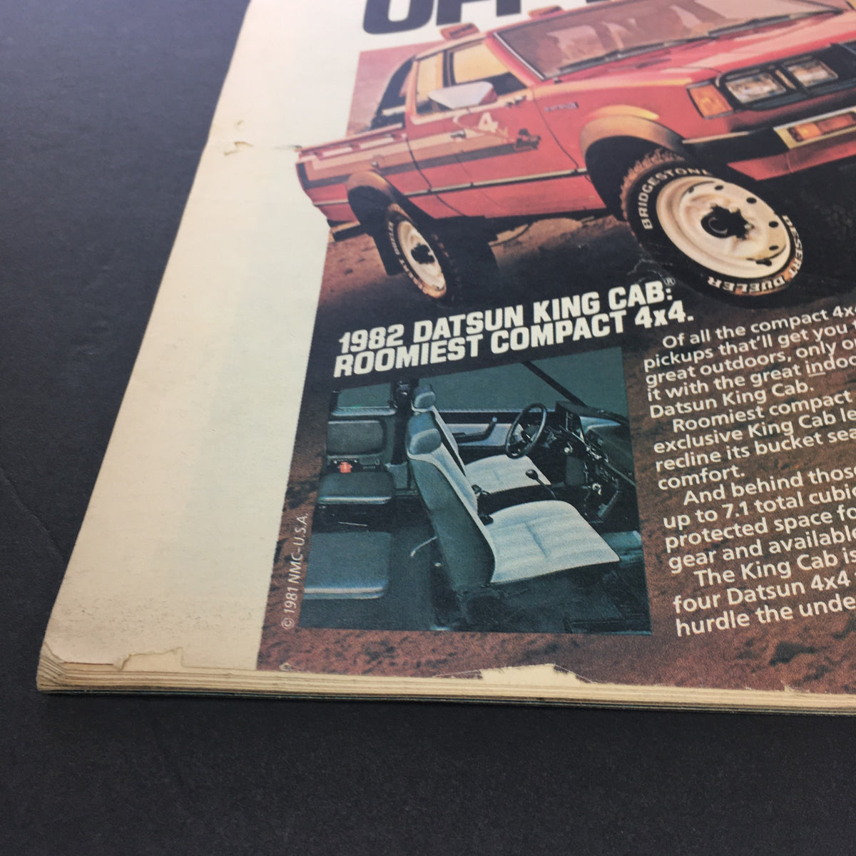 Another detail of the advertisement for the 1982 Datsun King Cab in the April 1, 1982 issue of Rolling Stone magazine, highlighting interior features and comfort.