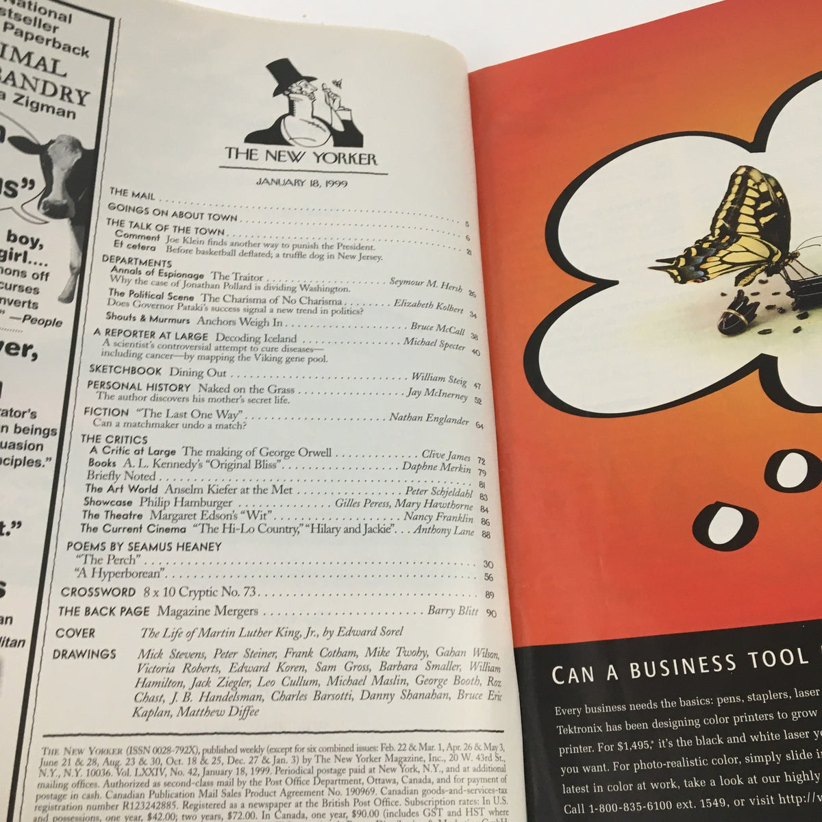 Interior page of The New Yorker magazine from January 18, 1999, displaying the table of contents and cover art by Edward Sorel, highlighting featured articles and illustrations.